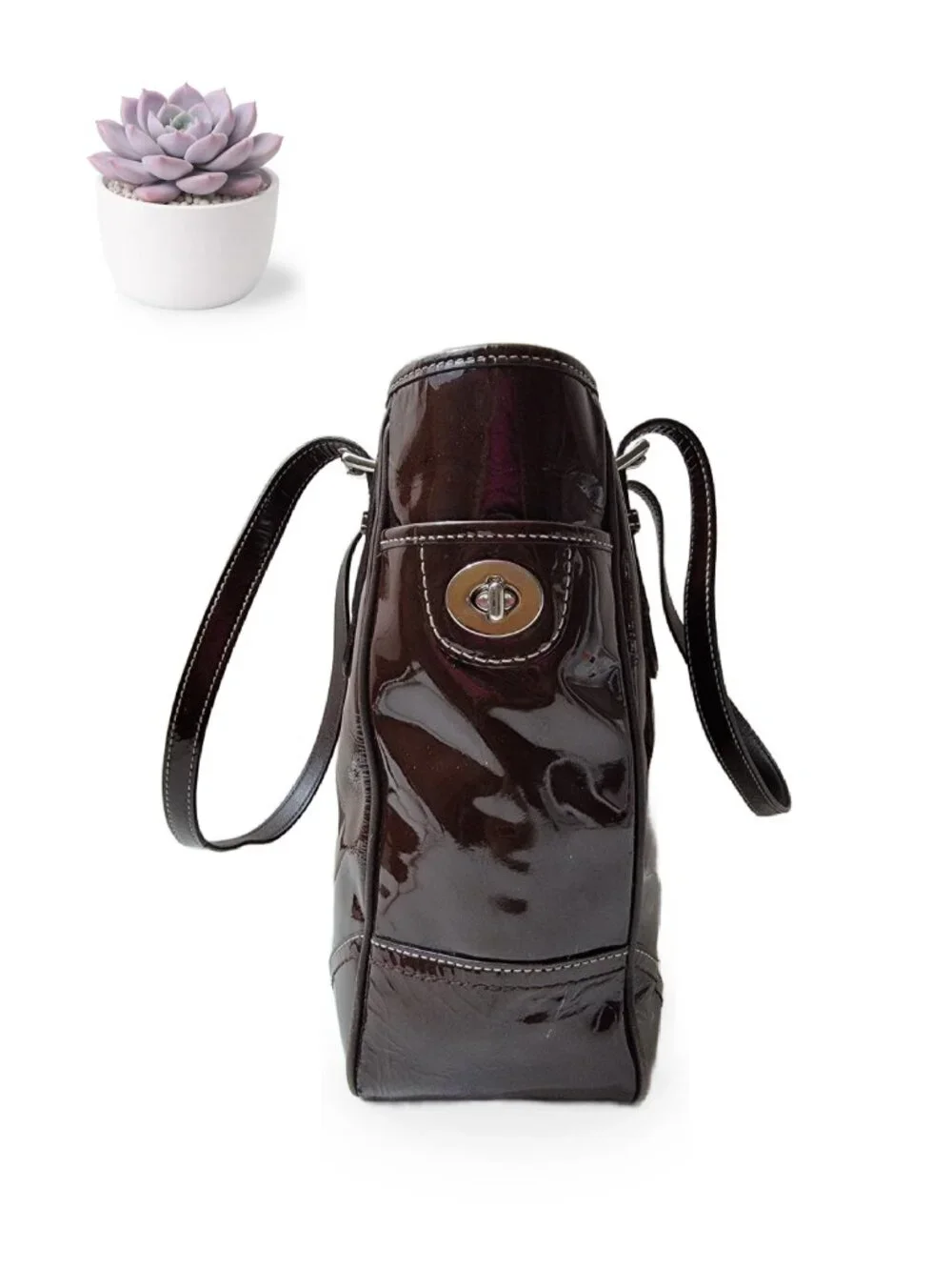 Coach Hamptons Patent Leather Lunch Tote Mahogany Brown Silver Hardware F11519
